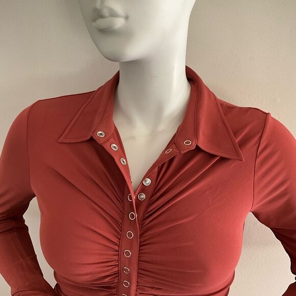 A.L.C. Larsen Rust Long Sleeve Ruched Dress L ASOTV - Picture 7 of 12